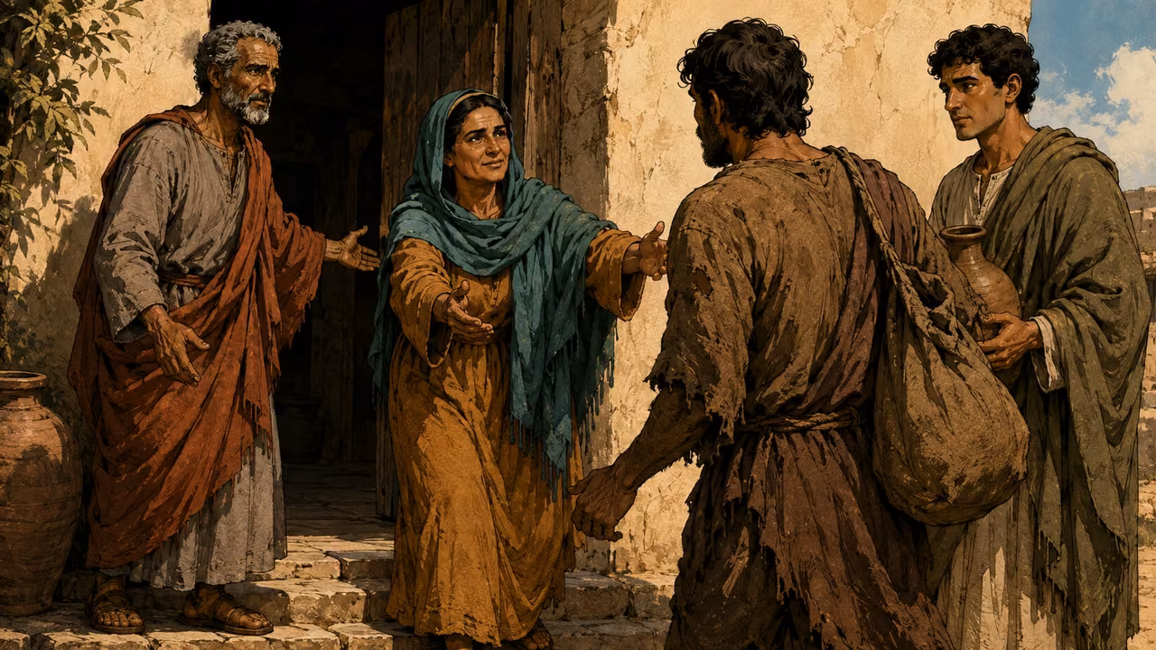 The woman listener welcomes an anonymous exhausted traveler at a household door while the younger man offers a small water jug and the older listener makes space inside, practical understated hospitality.