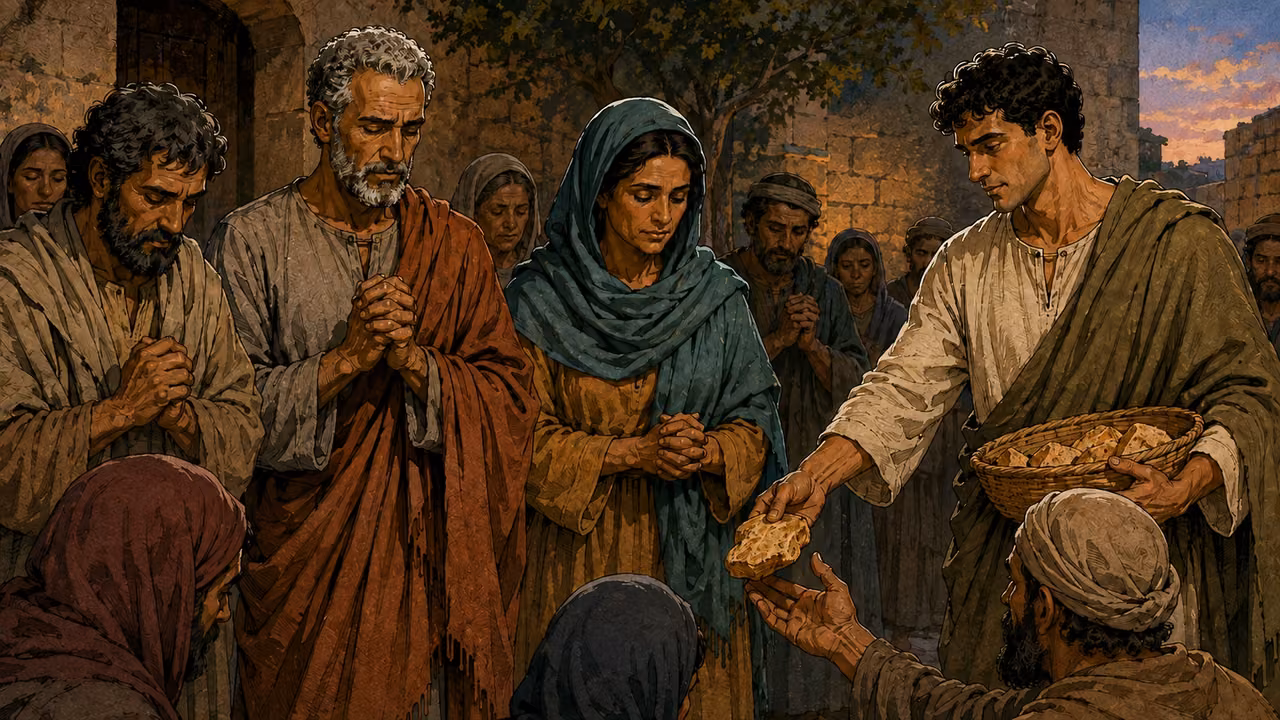The three listeners in the same courtyard as the early listening scene, now standing with their neighbors in quiet prayer, younger man helping distribute bread afterward at the edge of the gathering; warm evening light, sense of settled commitment.