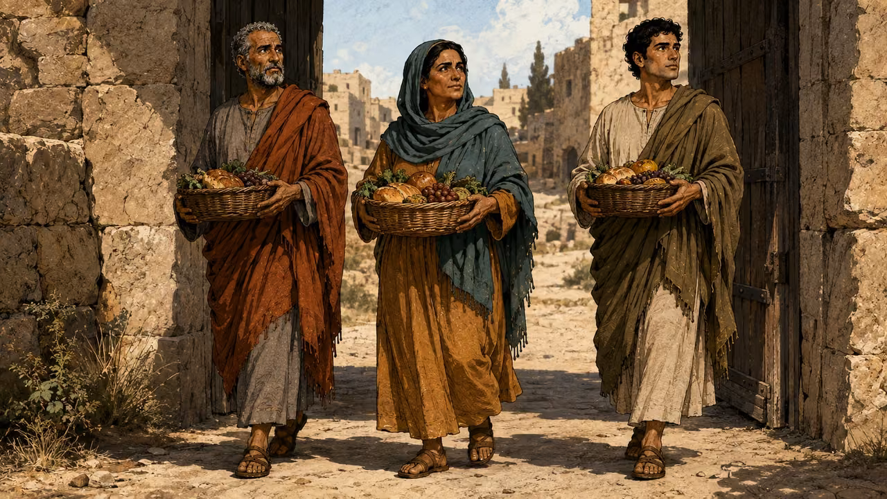 All three listeners walk out through their town’s plain stone gate carrying a basket of food toward poor anonymous people waiting along the road; sunlight falls beyond the threshold, no cross in the scene.