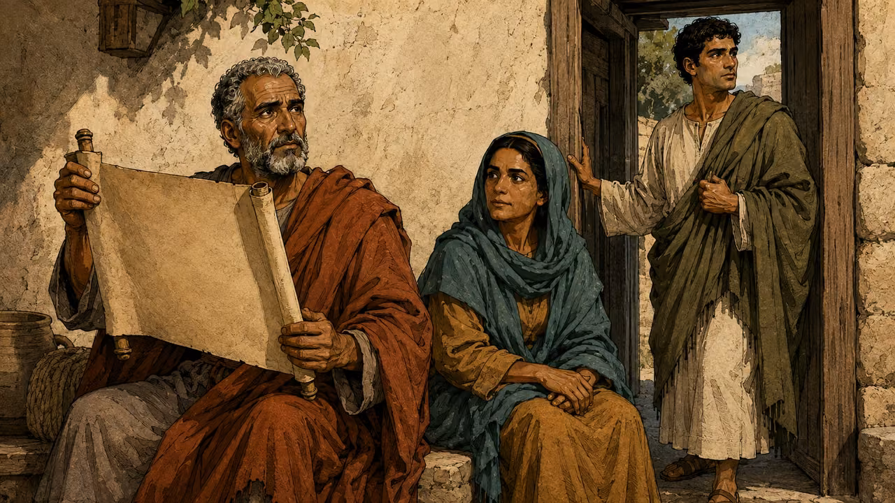 The three reference listeners in a modest courtyard gathering, the older listener carefully unrolling a parchment with its blank reverse toward the viewer while the younger man stops at the doorway and turns back to listen; woman seated alertly.