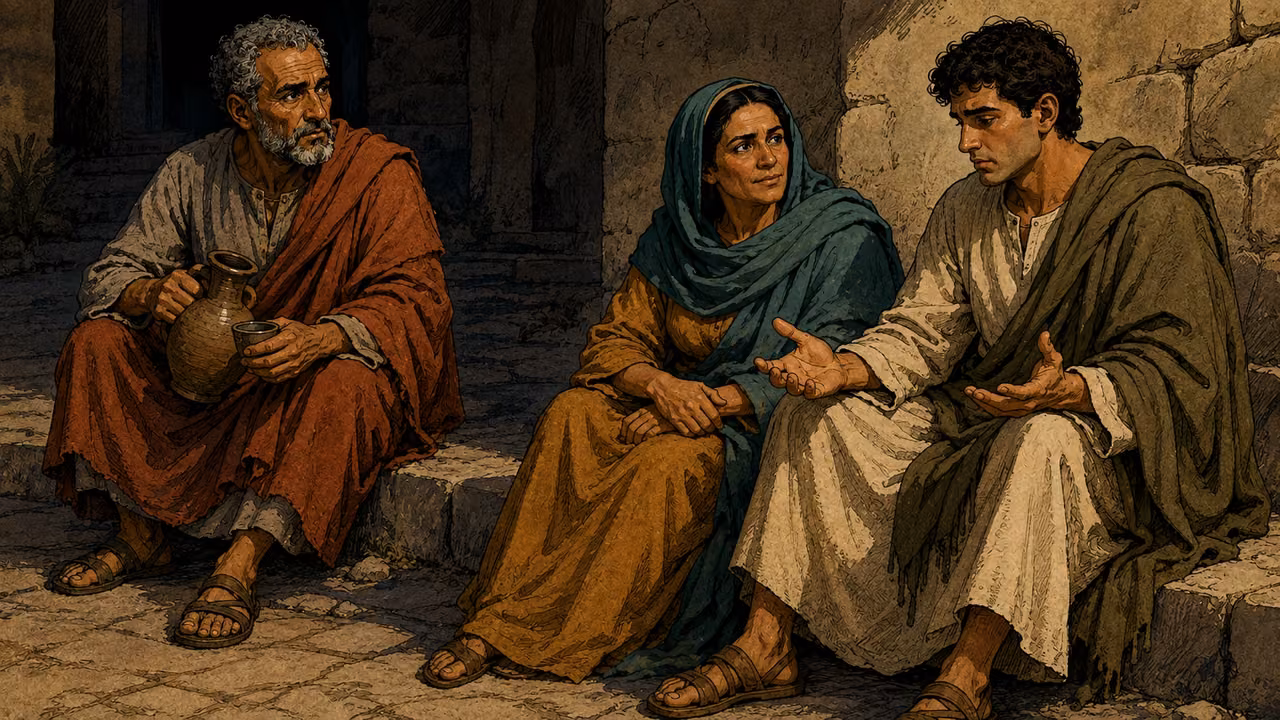 The woman listener sits beside the younger listener on a stone step in evening shadows; he opens tense empty hands while she listens without judgment; the older listener waits nearby with water.