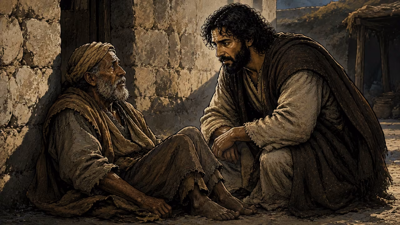 Jesus at ground level among ordinary weary adult villagers outside a stone dwelling, his attention fixed compassionately on an elderly seated man; no healing spectacle or invented speech.