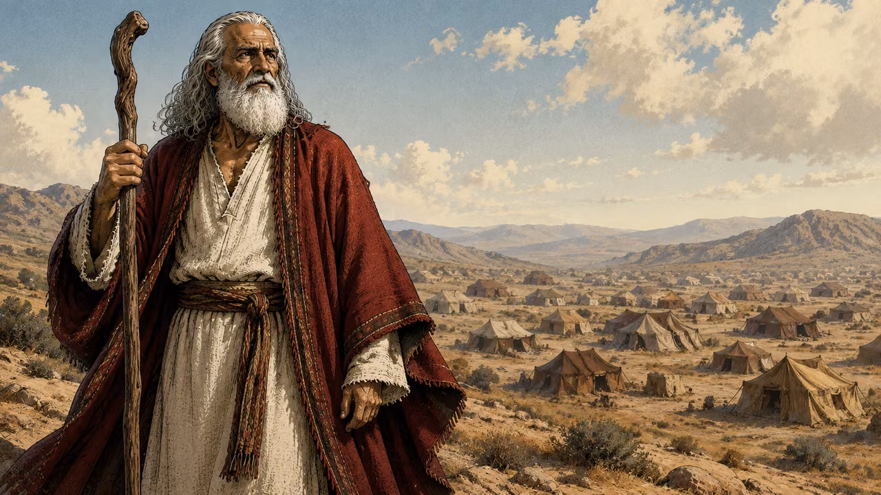 Moses standing at the edge of an ancient wilderness camp, looking across simple tents with his staff held still; white robe and crimson mantle unmistakable, morning breeze.