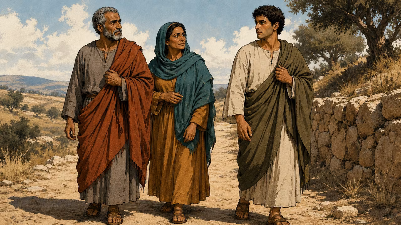 The older listener and woman catch up to the younger listener on a village footpath; he stops, shoulders burdened, and turns toward their quiet concern.