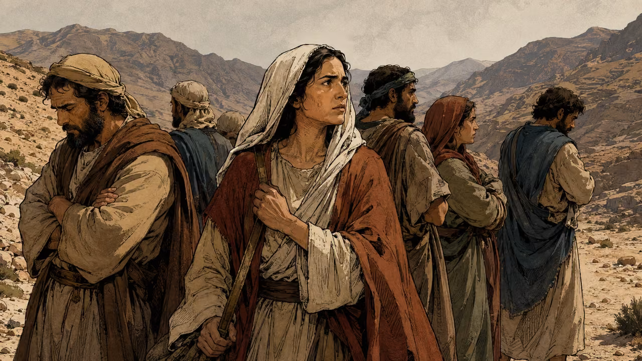 A weary anonymous Israelite group halted on a harsh wilderness trail, several adults turning away with closed resistant postures while others look forward; distant bare mountains, no named figures, no supernatural spectacle.