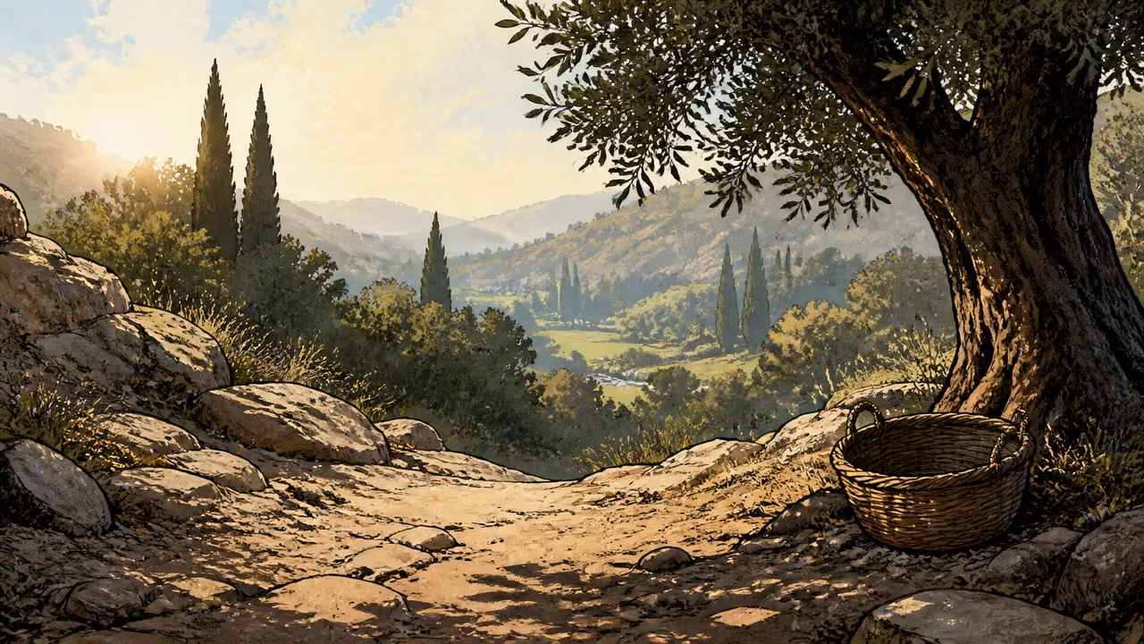 An open path from rough sun-baked foreground stones into a sheltered green valley at early morning; one abandoned working basket rests beside a tree, no people.