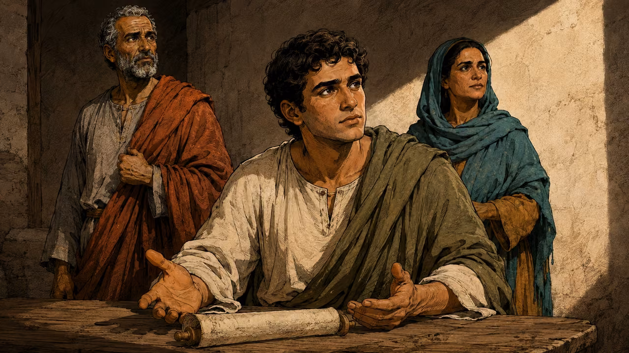 Close medium portrait of the younger listener at a bare table, face thoughtful and vulnerable in a clear shaft of daylight; his hands lie open beside the reverse of a scroll. No sword and no glowing text.