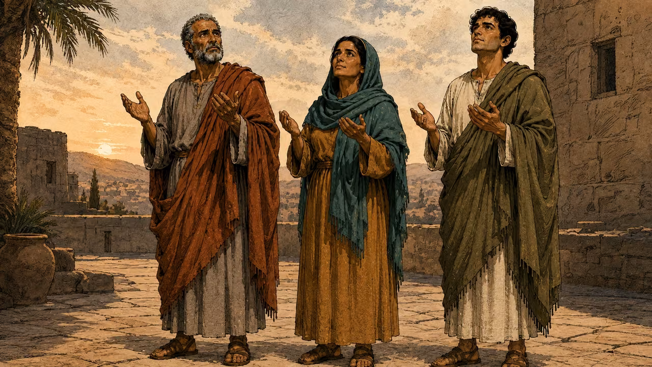 All three listeners stand together in prayer in an open courtyard at dawn, faces unguarded and empty hands lifted modestly; no visible throne, no apparition.