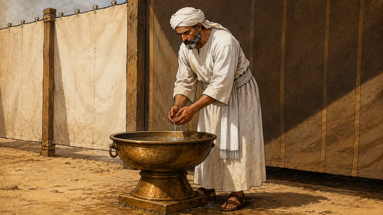 The high-priest reference figure pauses beside a bronze basin in the outer tabernacle court, head bowed, hands washed, acknowledging his own weakness; linen service clothes, no crown.