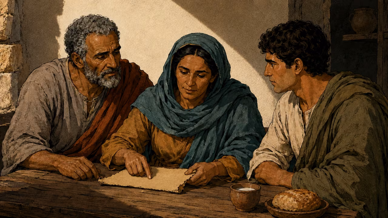 The woman listener studies at a worktable with the older listener while the younger man listens intently; a clay cup of milk and a small loaf sit naturally at the far edge, never floating or oversized.