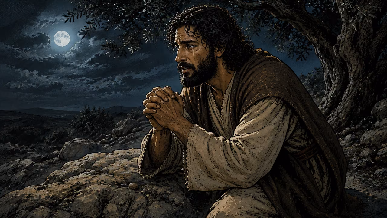 Jesus in his standard cream tunic and dark mantle kneeling in solitary prayer on stony ground under an olive tree at night, tears visible in a dignified close medium profile, hands clasped, no disciples or angel.