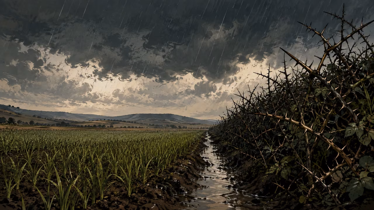 A rain-soaked field with productive green shoots in one cultivated furrow and dense thorn growth along its uncultivated edge; a narrow channel carries rainwater between them, no people, no fire.