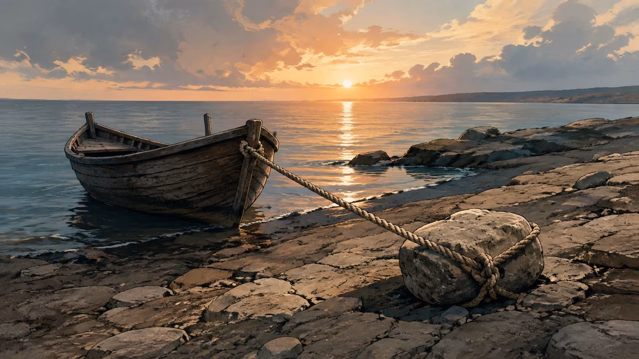 A small ancient wooden boat secured by a taut rope to a heavy stone anchor on a stable rocky shore, dawn after rough weather, no figures; clear readable rope and anchor, calm horizon.