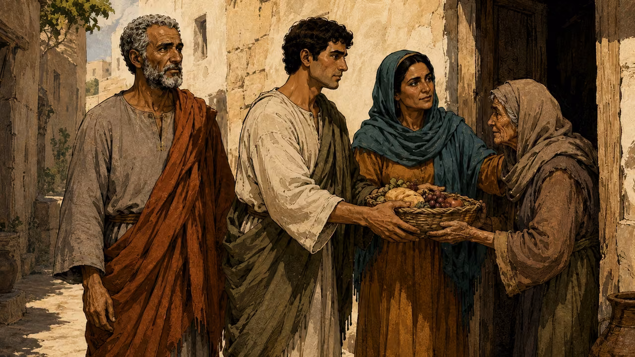 The younger listener carries a basket of simple food to an elderly anonymous neighbor as the woman steadies the neighbor at a doorway; older listener accompanying, sunlit alley.