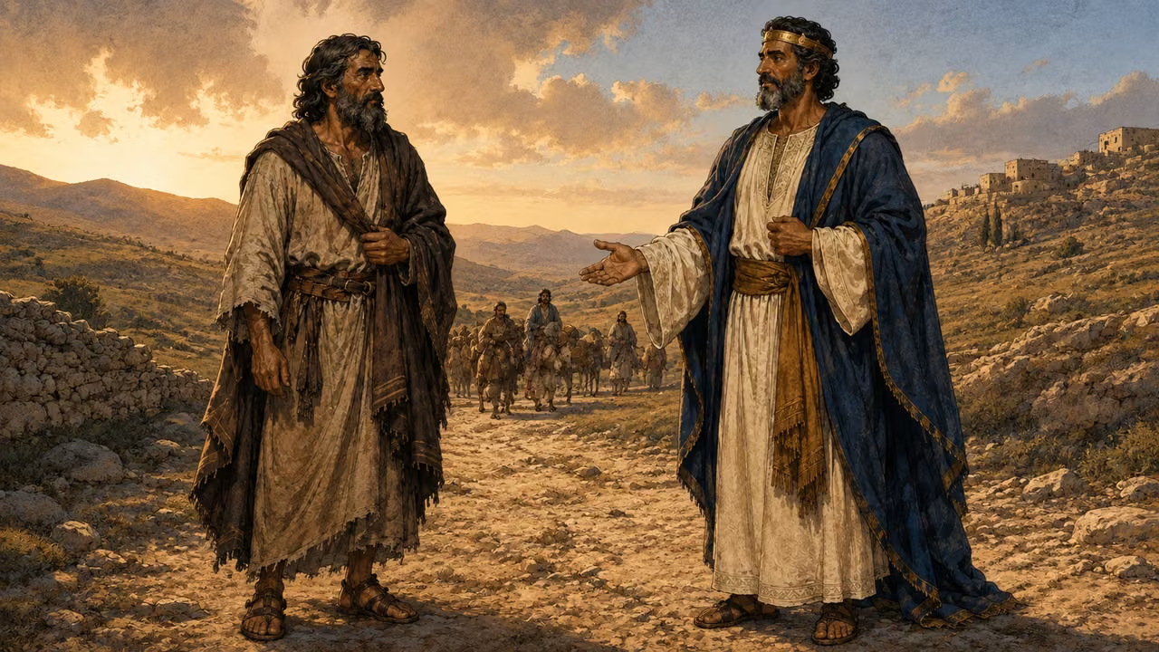 The meeting: Abraham and Melchizedek in the wilderness landscape.