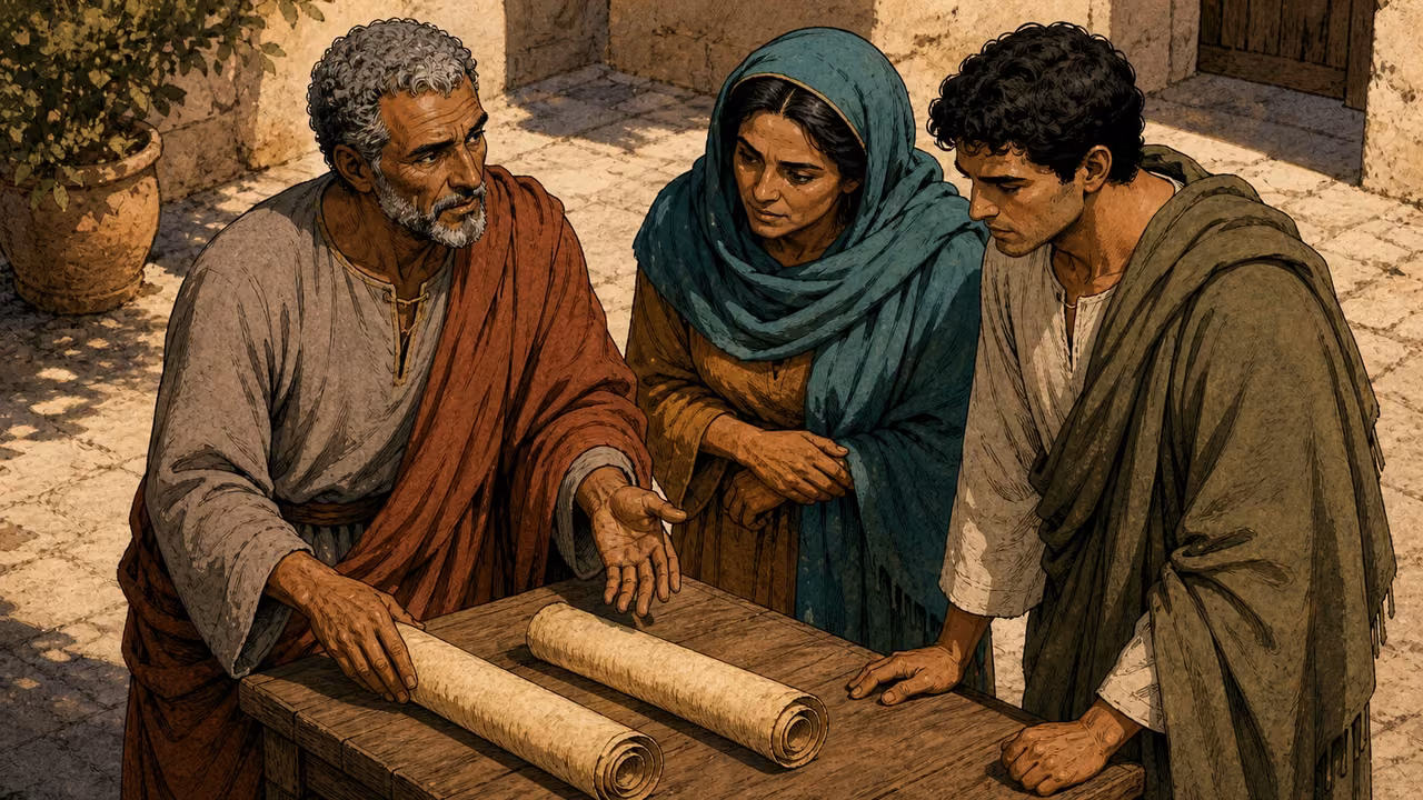 The older listener explains beside two rolled parchments on a low table, while the woman and younger man lean in with serious attention; no visible writing, late afternoon courtyard from an overhead diagonal.