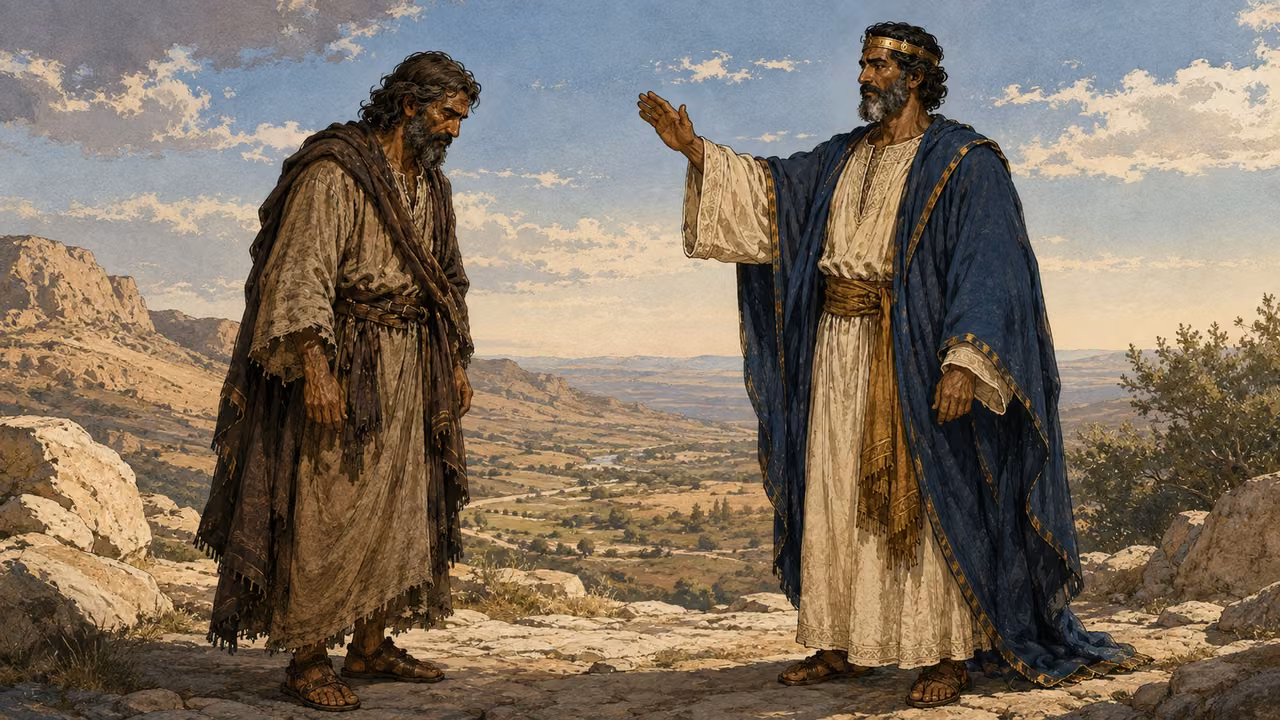The blessing: Abraham and Melchizedek in the wilderness landscape.