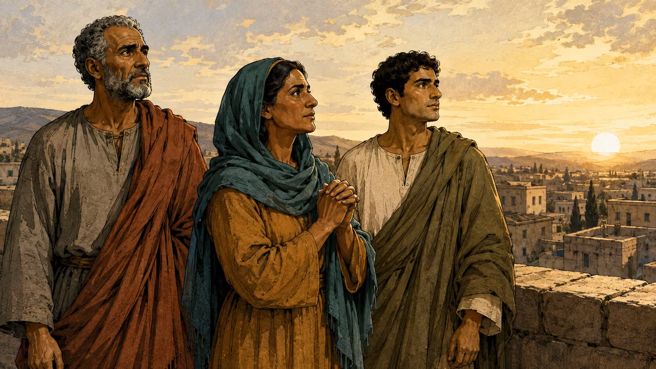 The woman listener stands in quiet prayer at a rooftop parapet looking across the waking town; the older and younger listeners stand beside her, pale gold morning light.