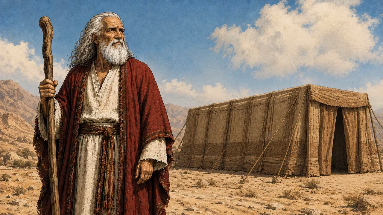 Moses stands beside a covered portable wilderness sanctuary tent.