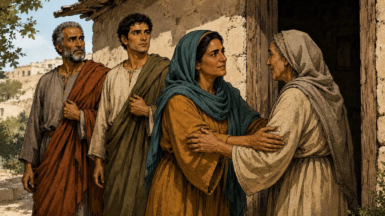 The woman listener reconciles with an anonymous elderly neighbor at an open doorway, clasping forearms in mutual welcome; younger and older listeners wait behind with attentive faces.