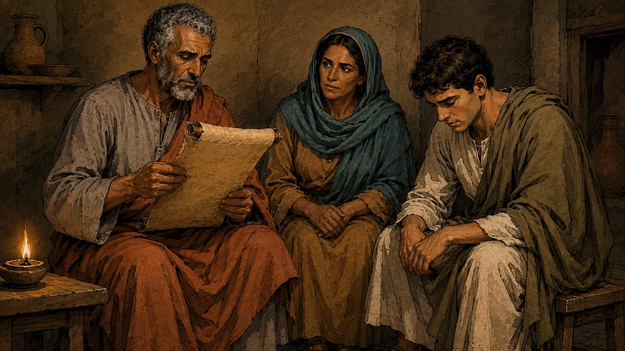 The three listeners in a quiet lamp-lit room, older listener reading from the hidden side of an unrolled parchment, woman watching gravely, younger man bowed in reflection.