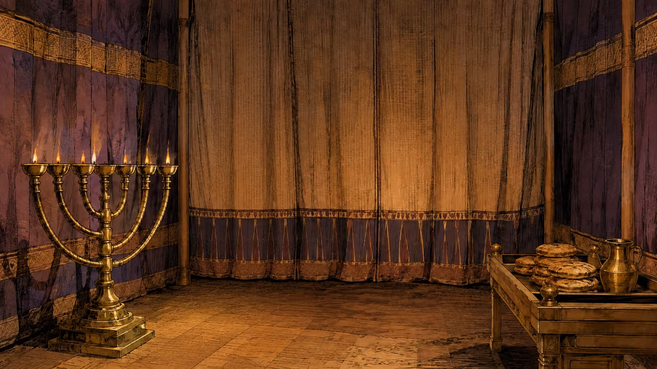 An interpretive view into the FIRST room of the ancient tabernacle: lampstand to one side, low table with bread on the other, woven second curtain closed at the far end; no view through the curtain, no people, no lettering.