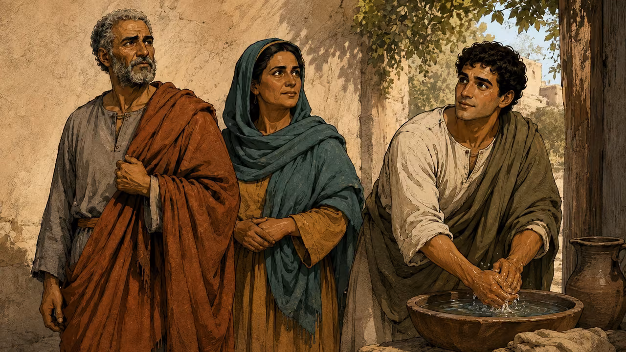 The younger listener washing his hands at a simple household basin, pausing to look up with relief while the woman stands nearby; soft morning light, no priestly temple setting or magical cleansing.