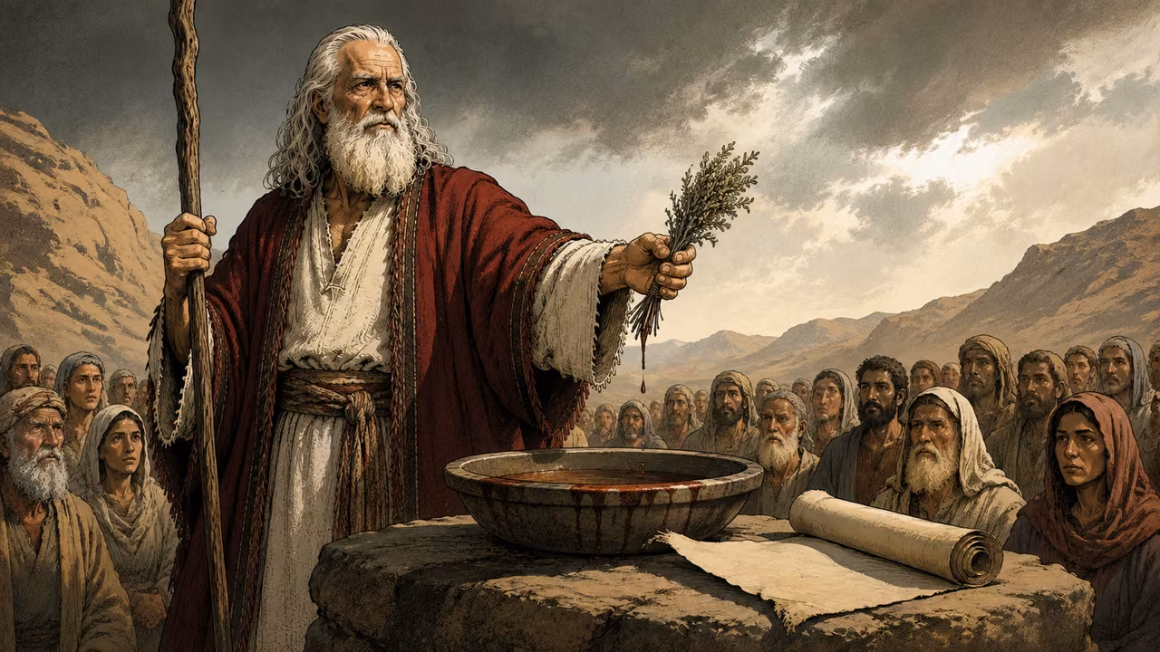 Moses before an anonymous assembled wilderness congregation holding a small bundle of hyssop above a shallow basin; an unrolled scroll with blank reverse rests nearby. Restrained dark red traces on the basin edge, no wounds, no gore; solemn covenant rite.