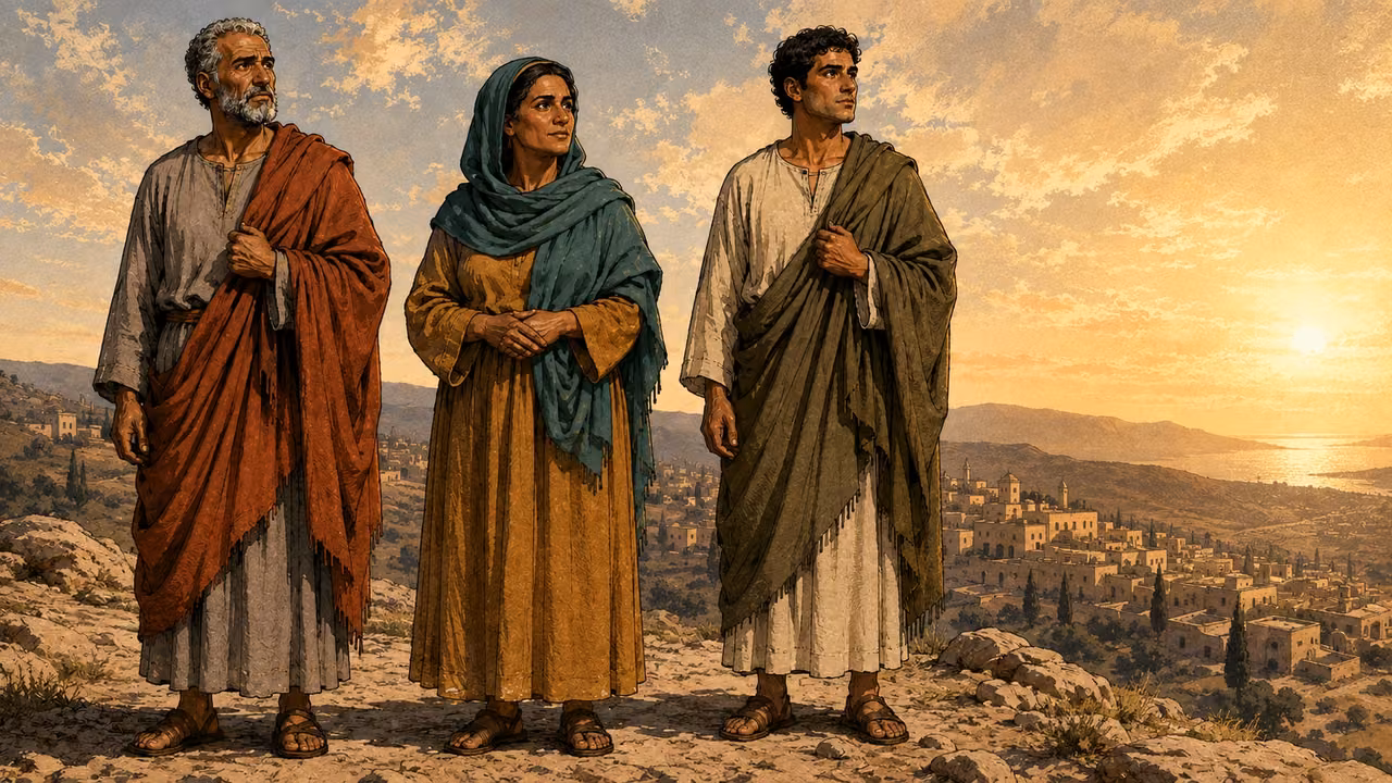 All three listeners on a hill above their town looking toward an open dawn horizon, expectant rather than frightened; no visible returning figure, no apocalyptic spectacle.