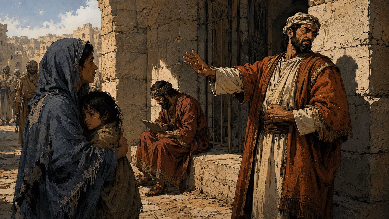 Justice denied. ORACLE OF JUDGMENT | Unjust decrees deprive the poor, widows and fatherless. This staged petition at a gate illustrates the accusation before the warning of punishment.