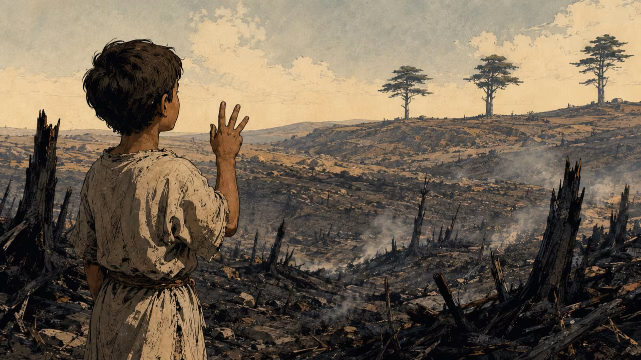 Only a few trees remain. PROPHETIC METAPHOR | Wasting sickness and consuming fire strip the forest of its glory. A child counting the few remaining trees visualizes the passage’s comparison.