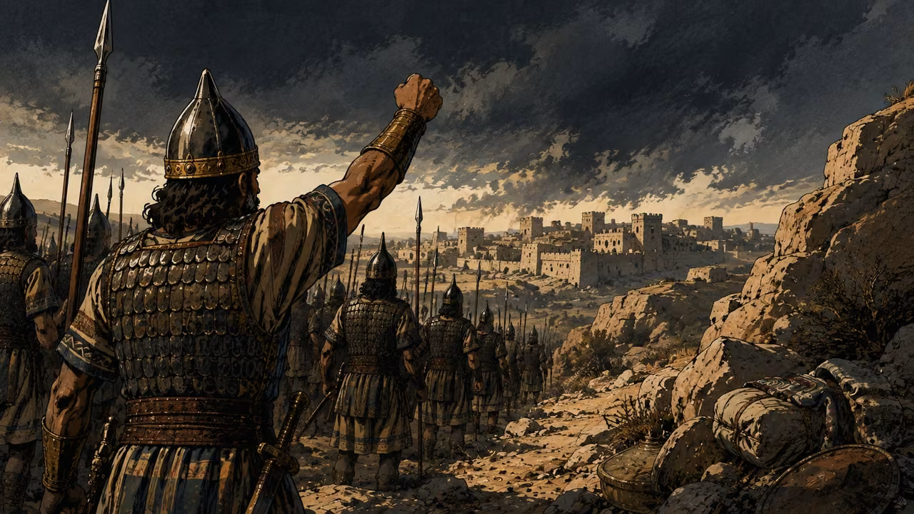 At the edge of Zion. PROPHETIC ADVANCE | The named places bring the invading force closer until it threatens Jerusalem from Nob. The view conveys that approach without claiming an exact reconstructed vantage point.