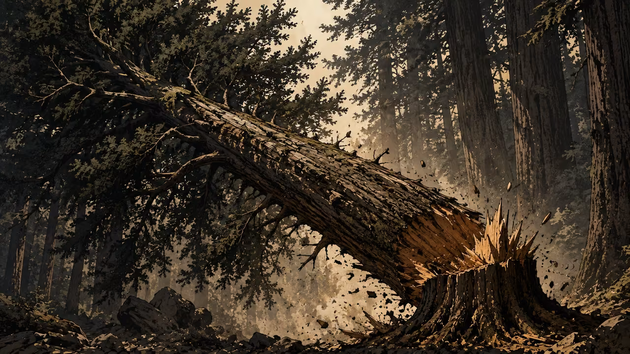 The lofty brought low. PROPHETIC METAPHOR | The towering forest is felled. The final image answers the empire’s boast with the fall of what seemed unshakable.