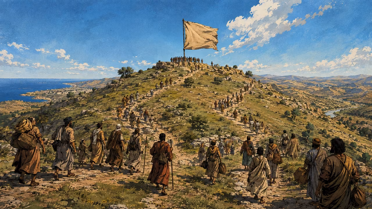 A banner for the peoples. PROPHETIC PROMISE | The root of Jesse becomes a signal for nations. Scattered people gather from many lands; the banner and approaching groups visualize that gathering.
