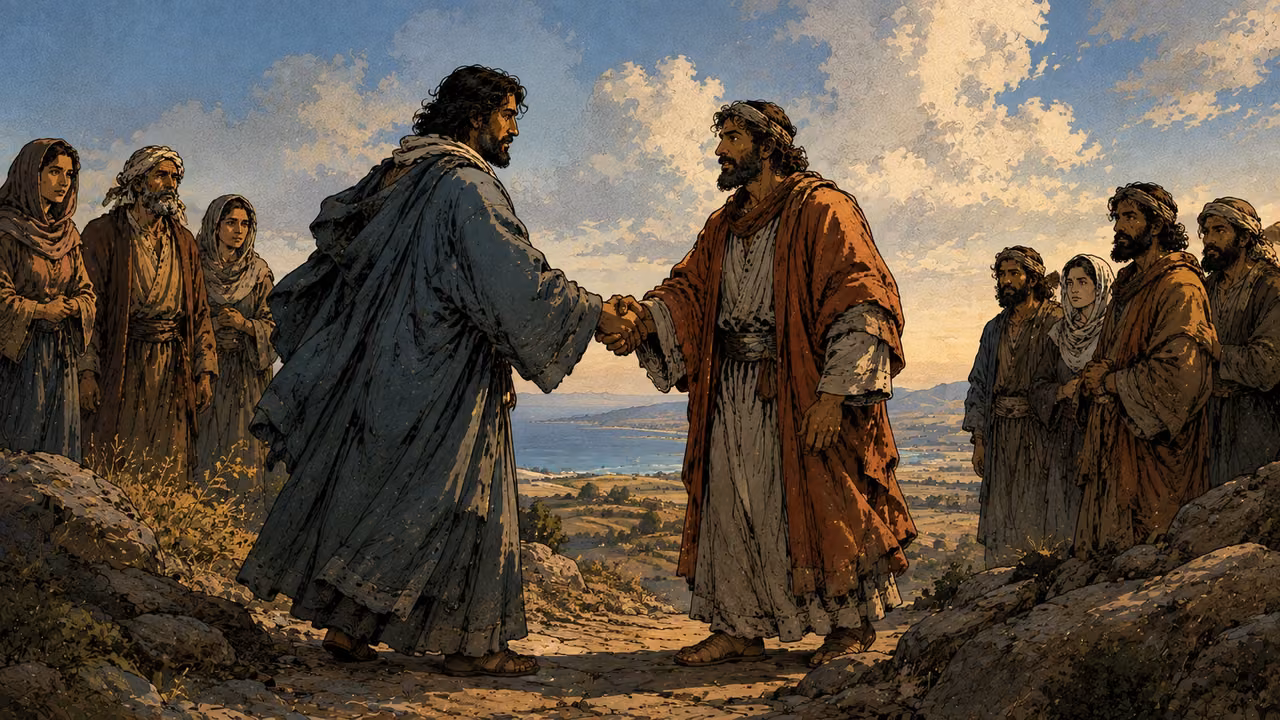 Jealousy departs. PROPHETIC PROMISE | Rivalry between Ephraim and Judah ends, followed by language of joint victory over neighboring peoples. The meeting illustrates unity; the territorial claims remain in the source text.