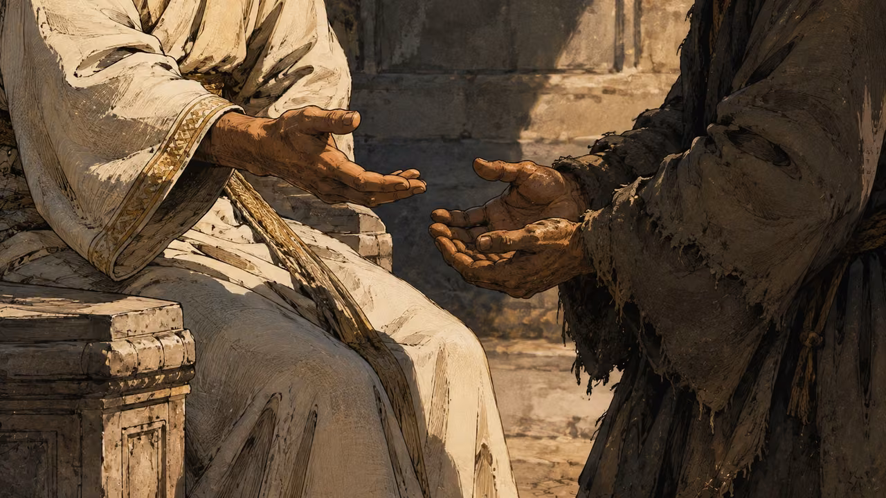 Righteous judgment. PROPHETIC PROMISE | The ruler judges the poor with equity. This symbolic encounter emphasizes attentive justice; the full words of judgment remain in the Scripture.
