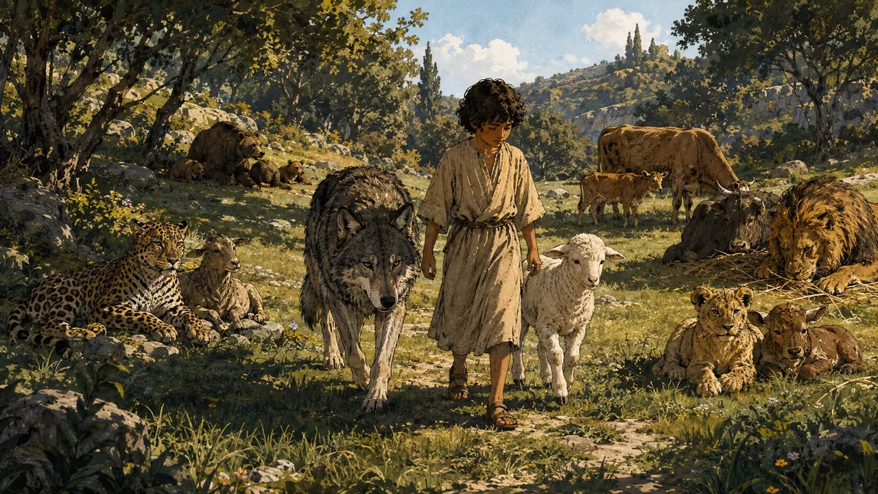 The peaceable creatures. PROPHETIC VISION | Predators and their usual prey share a place of peace. The child and animals visualize the extraordinary harmony described in the oracle.