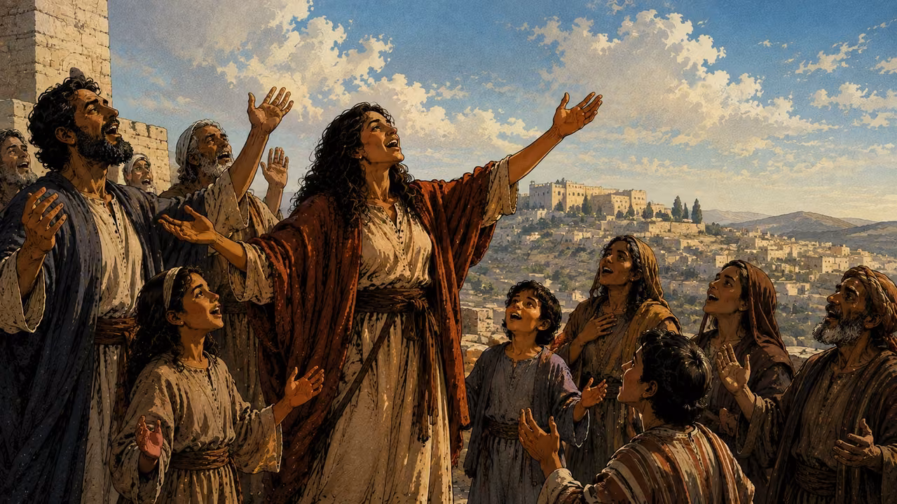 Let the peoples hear. SONG OF THANKSGIVING | The song becomes a shared call to proclaim Yahweh’s deeds. An imagined gathering in Zion illustrates the invitation to praise.