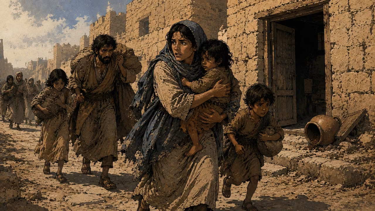 Each flees to their own land. PROPHETIC WARNING | People scatter before devastating violence. The artwork focuses on flight and abandoned homes; the source’s explicit account of atrocities is preserved alongside this panel.