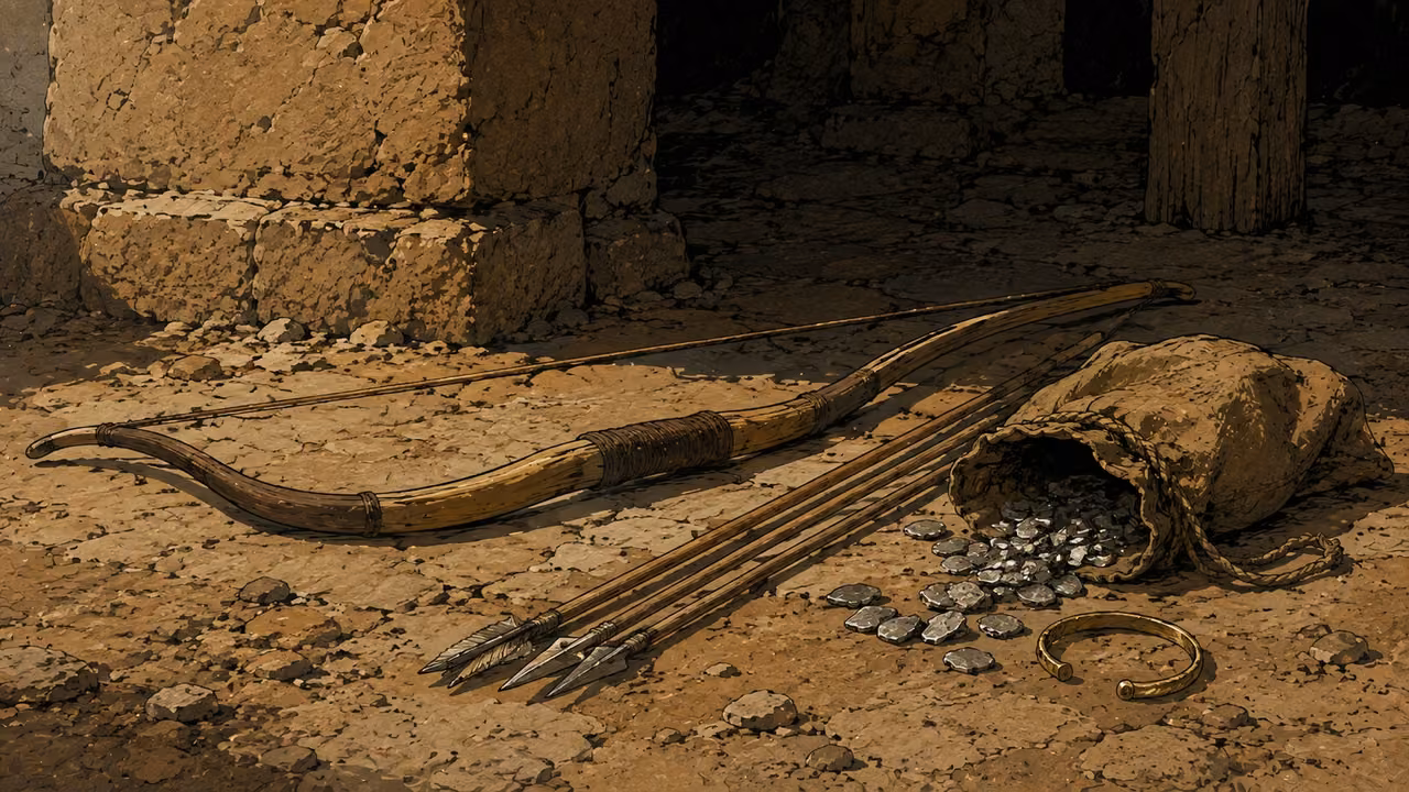 Silver cannot turn them aside. PROPHETIC WARNING | The Medes are named as attackers unmoved by silver or gold. A bow beside disregarded treasure interprets that refusal; the text retains the warning against young and vulnerable people.