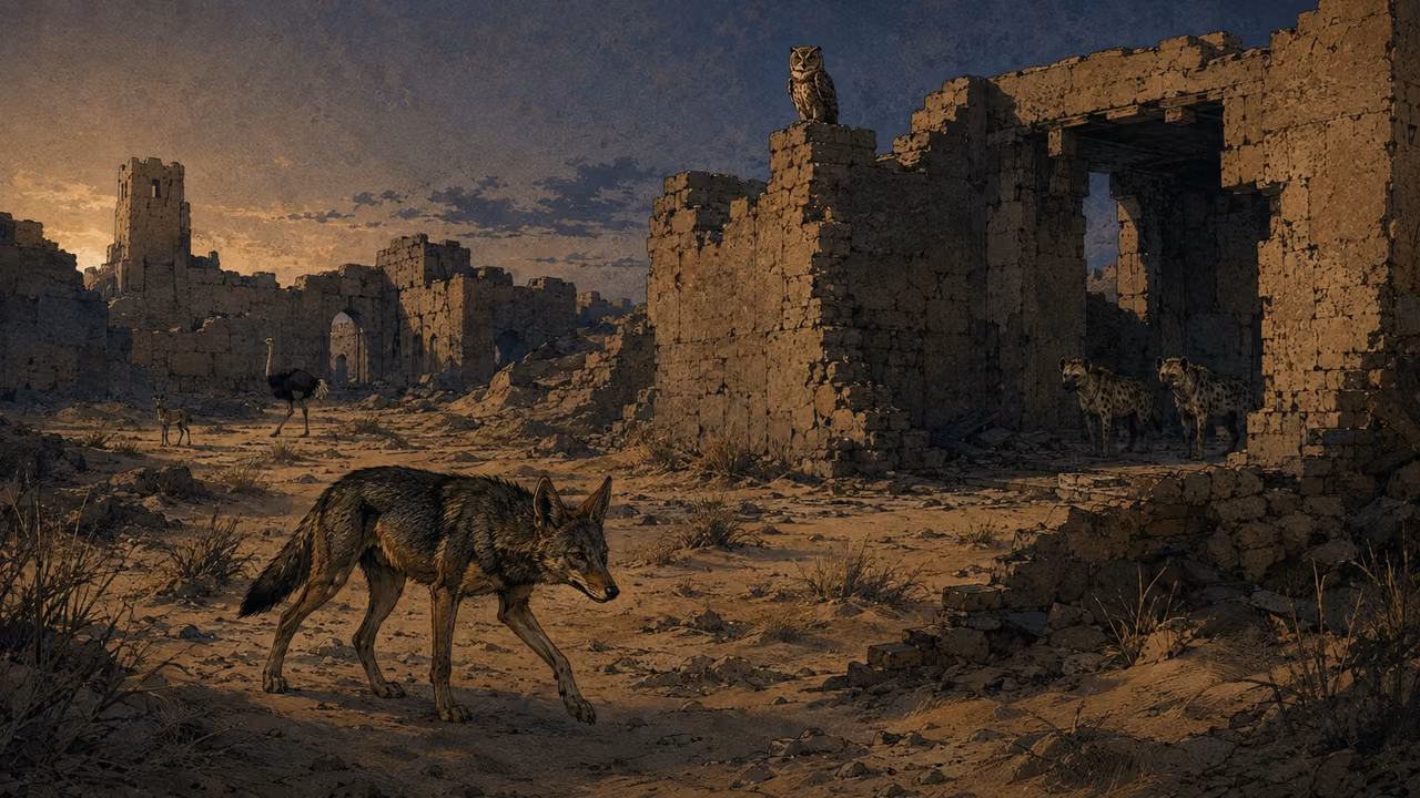 Palaces become wilderness. PROPHETIC DESOLATION | Babylon’s splendor is replaced by uninhabited halls and wild creatures. The ruined setting visualizes the oracle rather than claiming a dated archaeological reconstruction.