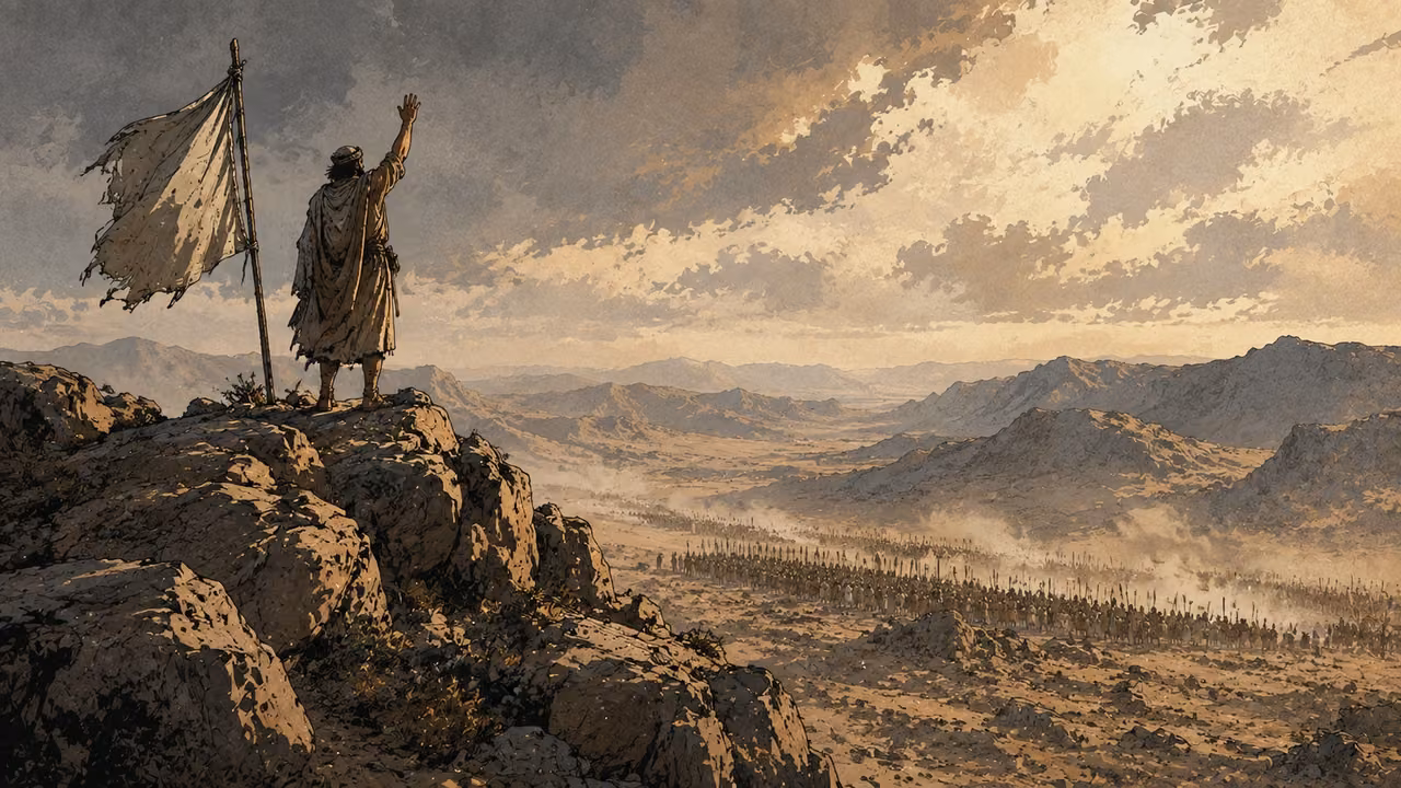 A signal on the mountain. PROPHETIC SUMMONS | A signal calls a multitude from distant lands. The assembling force visualizes the oracle’s opening sound and movement.