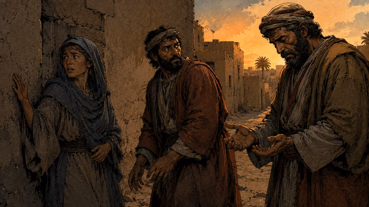 Hands grow weak. PROPHETIC WARNING | The approaching day brings fear and weakness. The faces and faltering hands illustrate the language without making its comparisons literal.