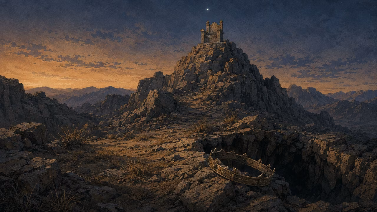 From the heights to the pit. POETIC TAUNT | The king’s ascent above the stars is answered by descent to the pit. The artwork illustrates ambition and humiliation without assigning the shining one a separate portrait.