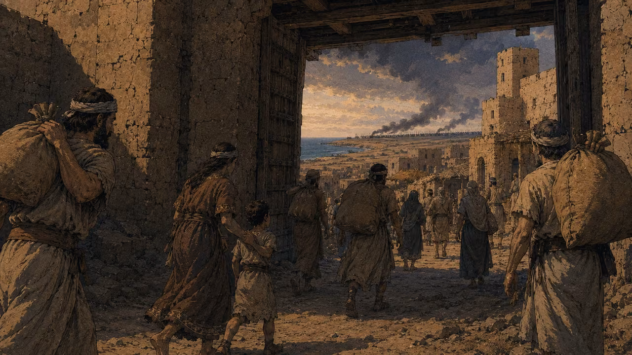 Smoke comes from the north. WARNING | Safety for the poor is set against famine and approaching force. The gate and distant smoke visualize the oracle’s warning to Philistia.