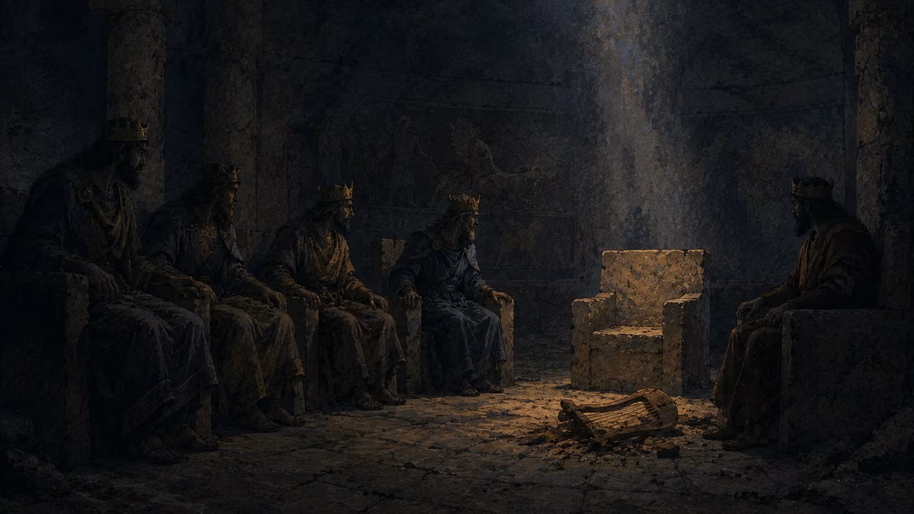 Pomp brought down. POETIC UNDERWORLD | The taunt personifies Sheol and gives dead rulers a voice. Shadowed seats and a fallen lyre visualize the poem, not a mapped account of the afterlife.