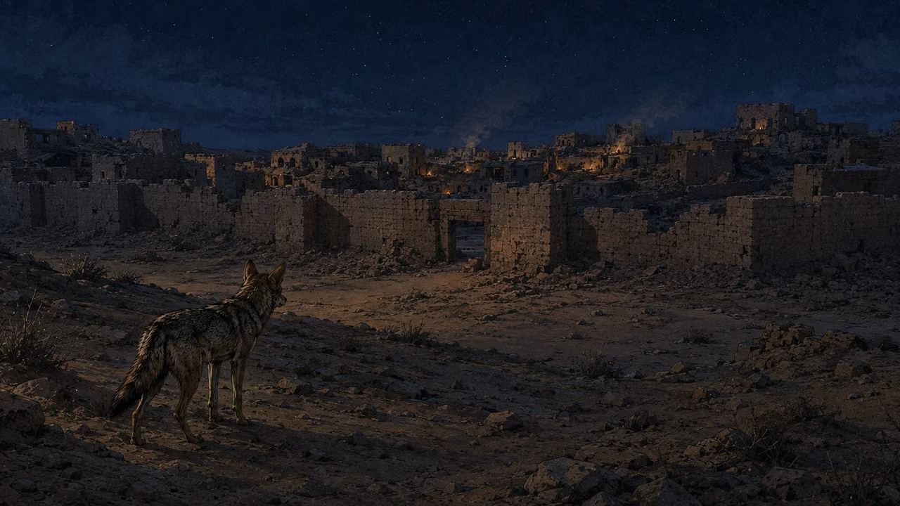 Devastated in a night. ORACLE AGAINST MOAB | Ar and Kir are devastated in a night. The unnamed ruined settlement illustrates the oracle’s loss rather than reconstructing either city.