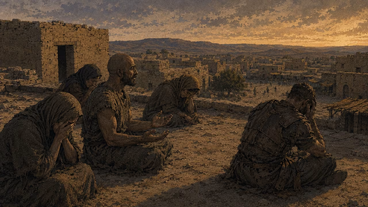 Mourning in the streets. LAMENT | Mourning reaches high places, streets, rooftops and armed men. Sackcloth, cut hair and bowed heads give visual expression to the communal grief.