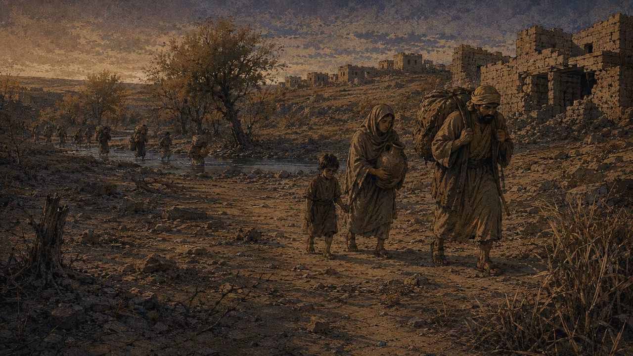 Across the Brook of the Willows. LOSS AND DEPARTURE | Nimrim’s vegetation dries up; stored possessions are carried across the Brook of the Willows. The composition joins the loss of sustenance with departure.