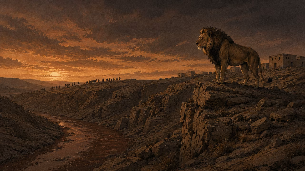 The lament reaches the border. FINAL WARNING | Wailing reaches Moab’s borders; blood-filled waters and a lion intensify the warning. The distant lion is an interpretive image of danger, not a staged attack.